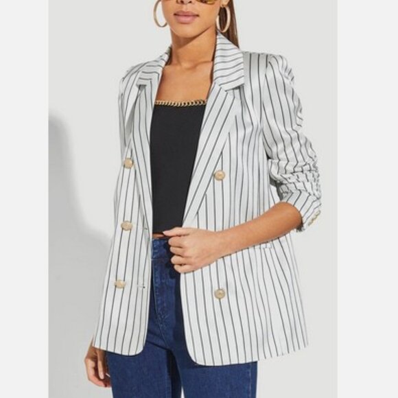 Generation Love Jackets & Blazers - Generation Love Womens White Pinstripe Leighton Satin Blazer